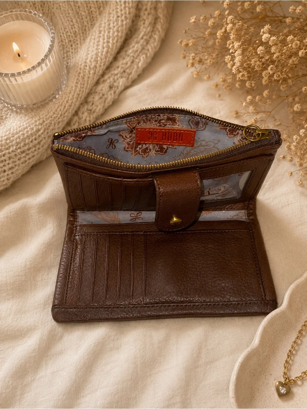 HOBO Brown Leather Wallet Floral Lining